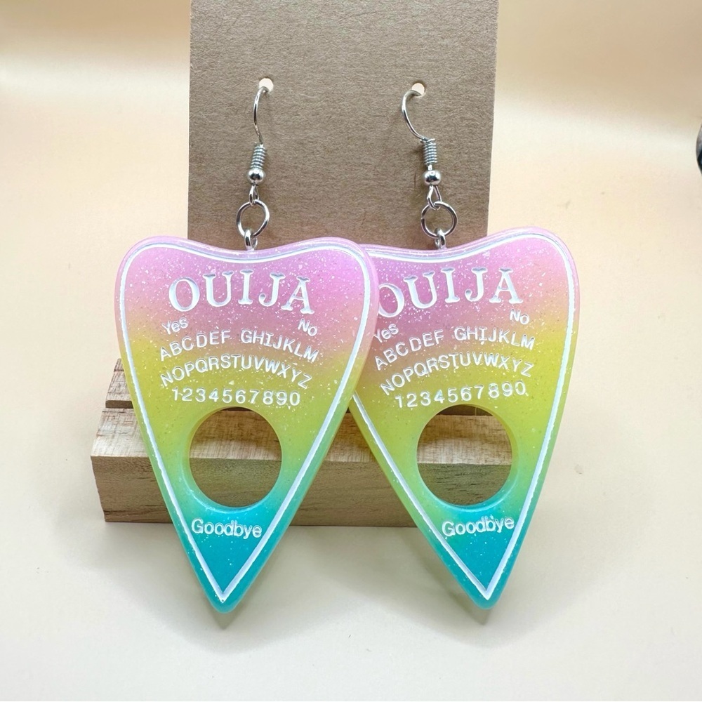 Glitter Resin Ouija Board Earrings -Blue & pink & yellow